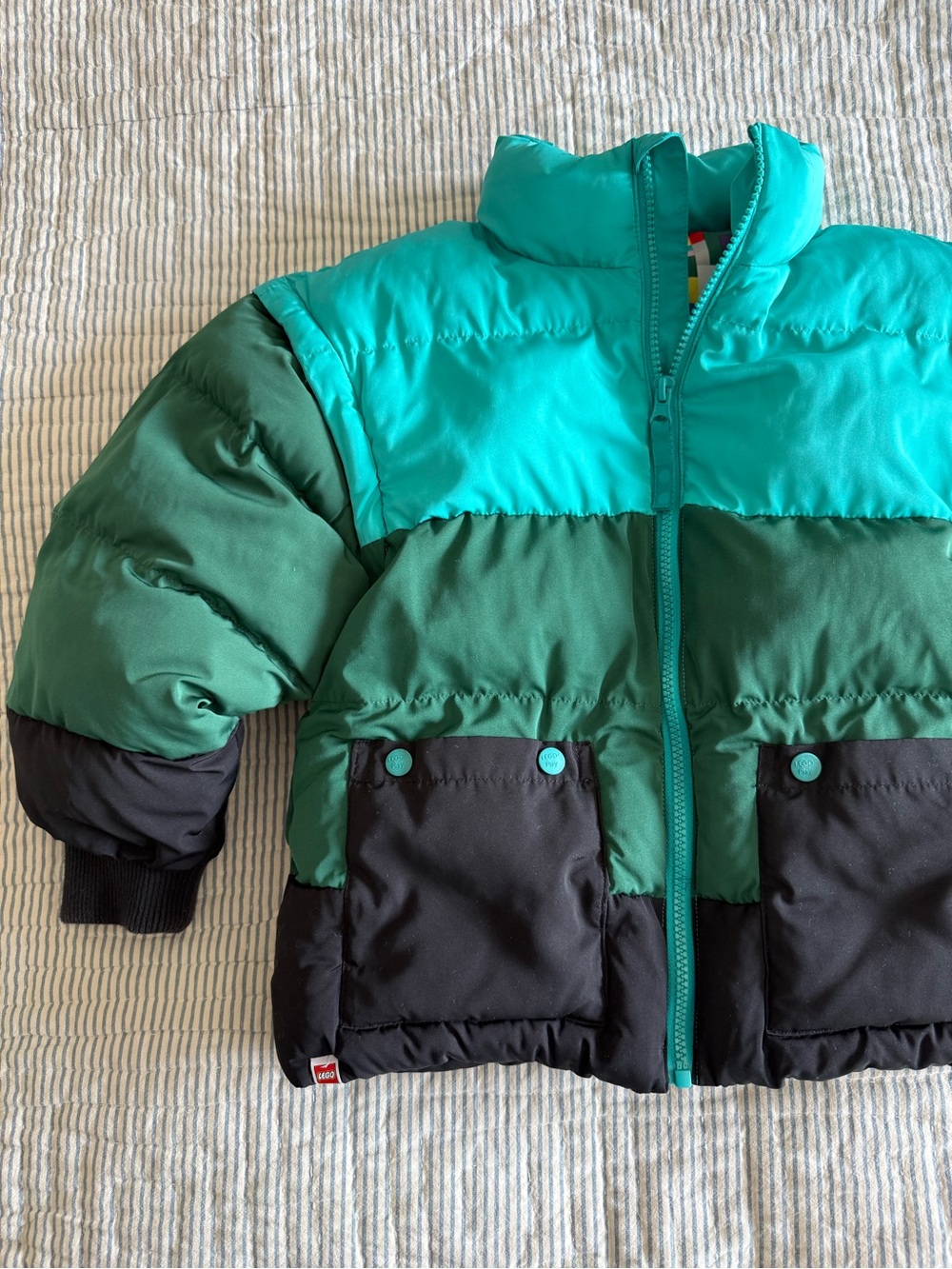 Lego Kids Colorblock Puffer Jacket in Teal, Forest Green & Black